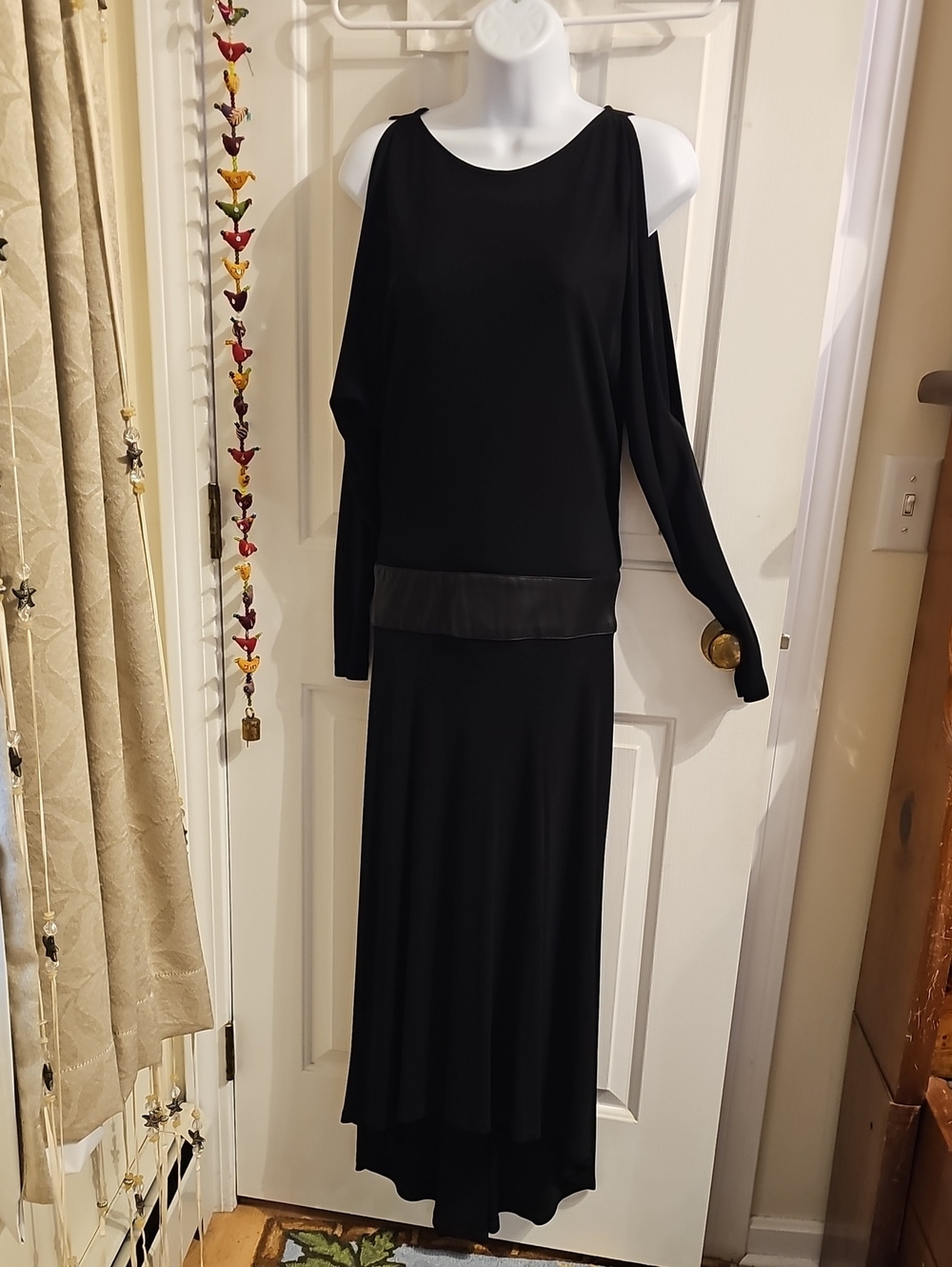 Stunning Elegant Black Gown XS Made In USA 100% Leather Banding On Drop Waist